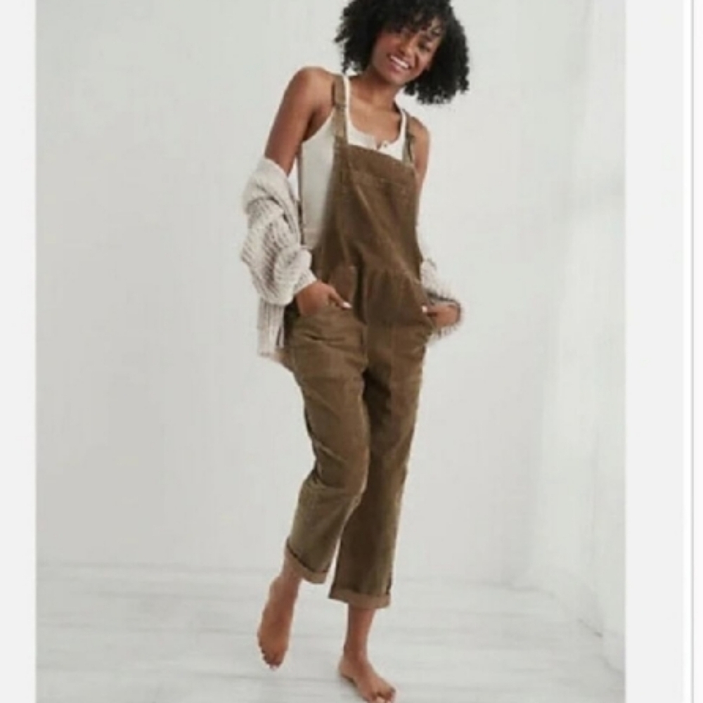 New Aerie Green Gray Adjustable Straps Corduroy Overalls Size XS Oversized